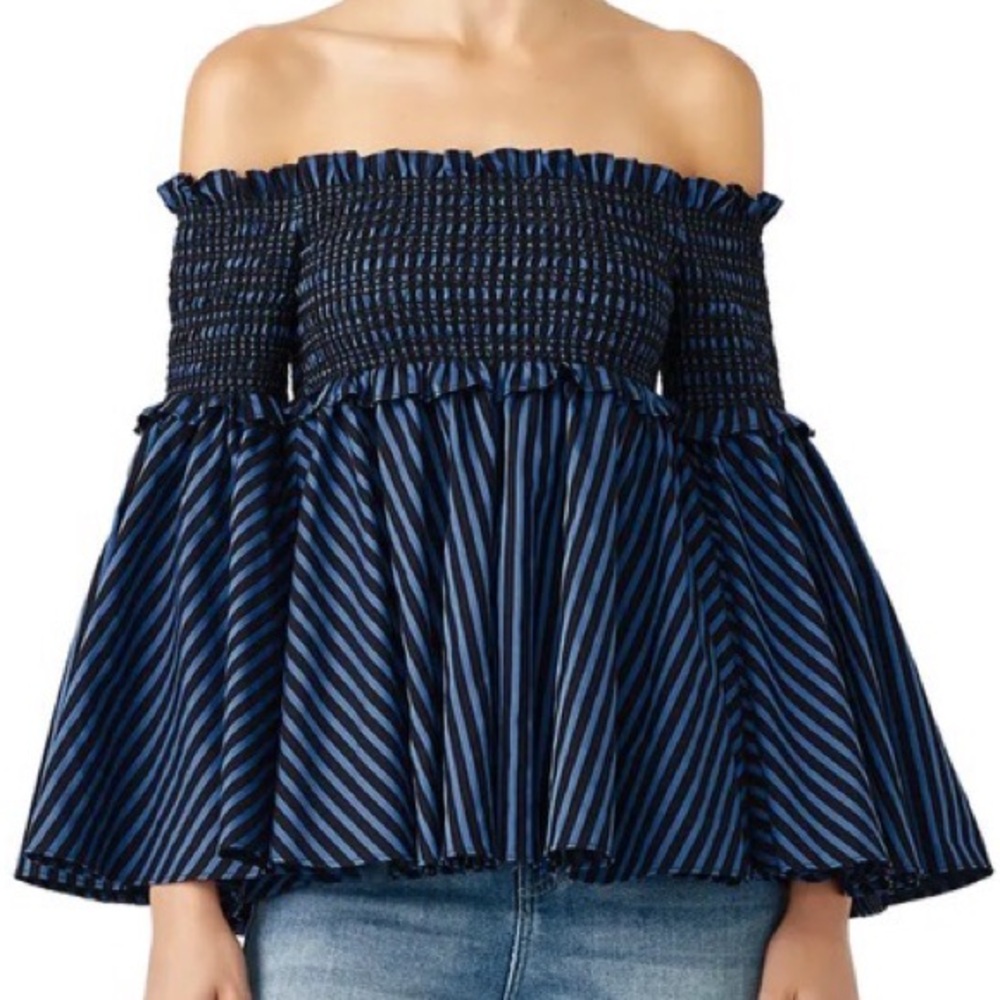 $278 Petersyn L Davenport Top Off-the-shoulder Ruched Bell Sleeves Striped Navy